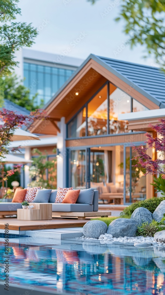 Obraz premium Luxury modern resort villa with a private swimming pool, elegant outdoor lounge, and landscaped garden, showcasing premium hospitality, vacation, relaxation, architecture, and upscale living.