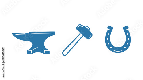 Bild auf Leinwand Blacksmith tool vector icons set featuring anvil hammer and horseshoe for metalw