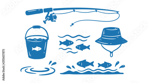Fishing vector icon set with fishing rod bucket hat and fish doodles for outdoor recreation design