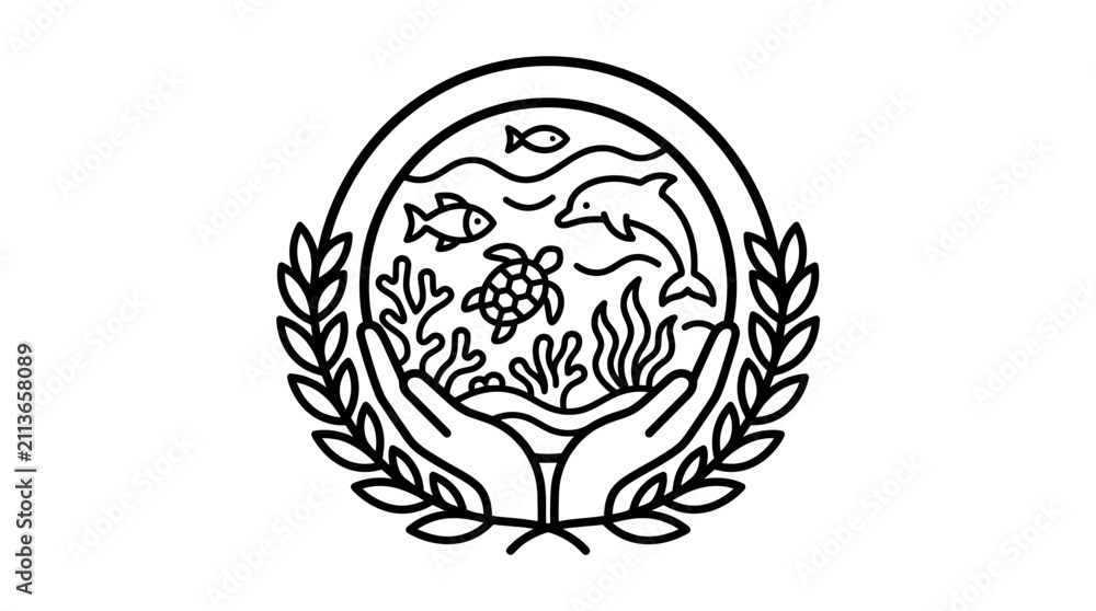 Obraz premium Elegant Black and White Marine Life Emblem with Fish Sea Turtle and Coral Inside a Laurel Wreath