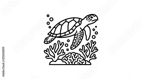 Industrial Style Black and White Line Drawing of Sea Turtle Swimming Near Coral Reef and Seaweed