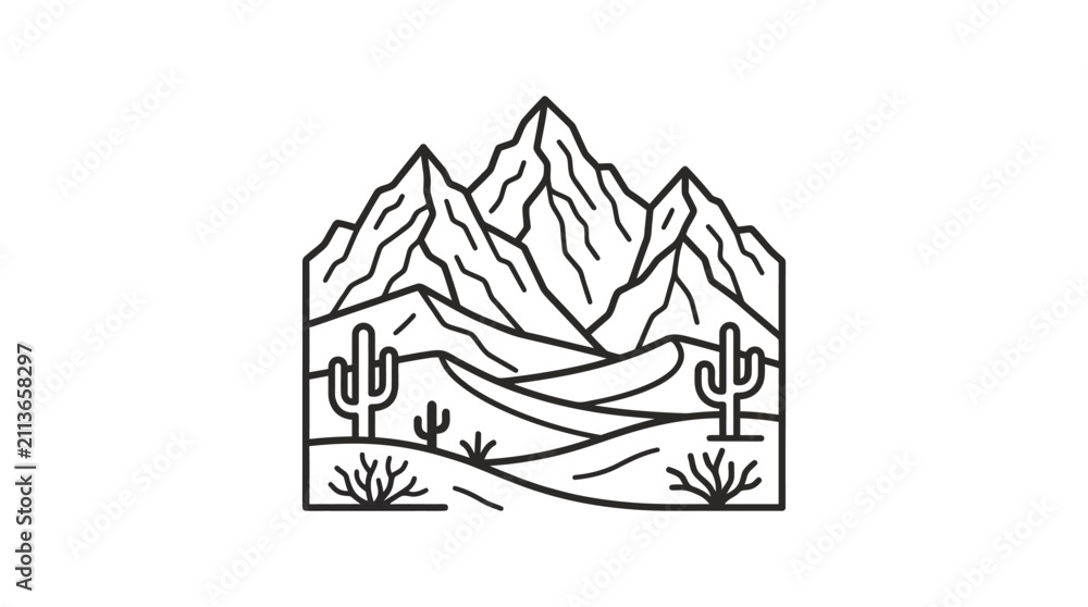 Naklejka premium Professional Black and White Desert Mountain Landscape Line Art with Cacti and Winding River with high quality professional line art symbols for modern creative design and digital branding projects