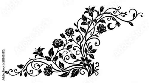 Black floral corner silhouette vector illustration with roses, lilies, vines, and leaves