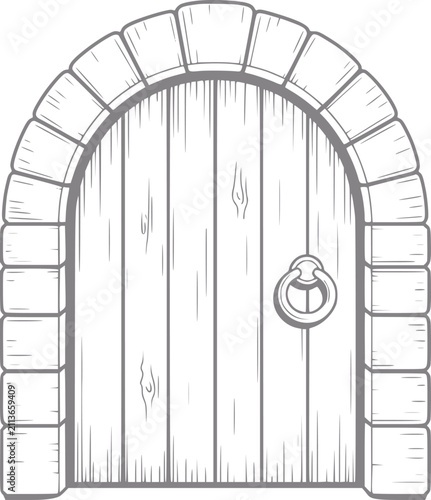 Un dibujo lineal en blanco y negro de una puerta de madera arqueada rústica con un clásico llamador de anillo metálico