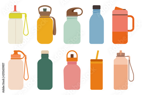 Tableau sur toile Una colección de botellas de agua reutilizables de colores y recipientes de hidr