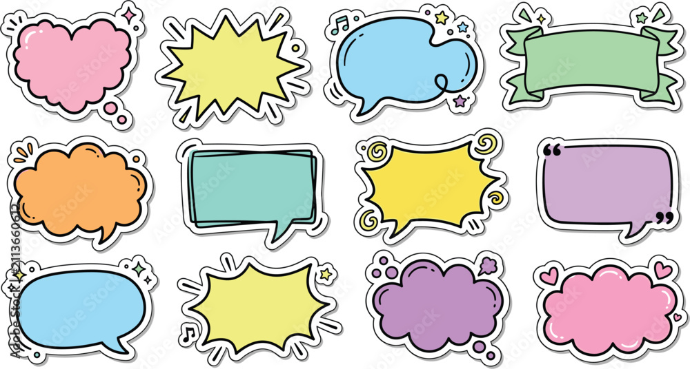 Fototapeta premium Hand drawn cute colorful speech bubble sticker set with cloud shape, star, heart, quote frame, ribbon banner, and doodle elements for text message design.