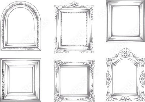 Una colección de marcos decorativos de estilo vintage ilustrados en un estilo clásico dibujado a mano