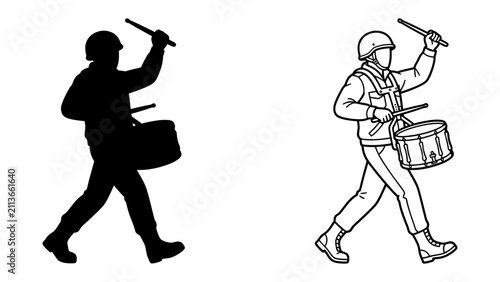 Canvastavla Drummer in Silhouette and Outline: A marching drummer, depicted in both stark silhouette and detailed outline, performs with a drum and drumsticks, conveying rhythm and military precision