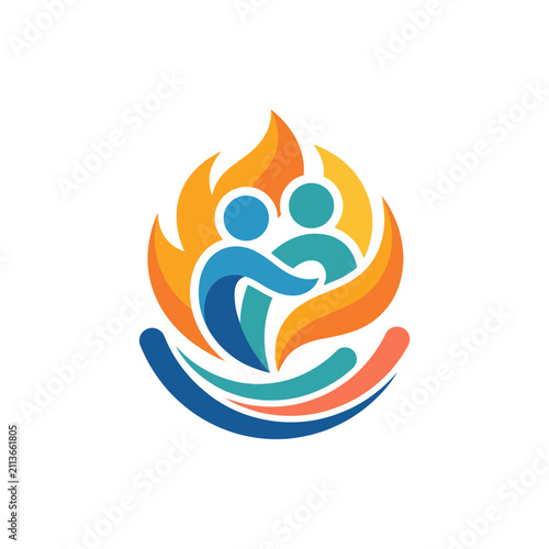 An artistic logo depicting two figures intertwined in a warm embrace surrounded by flames, symbolizing love, community support, and emotional well-being in a vibrant way.