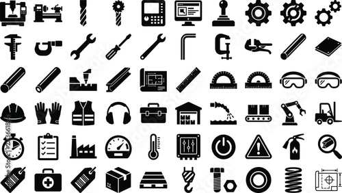 CNC Operator and Metal Machining Solid Icon Set Featuring Milling Machines, Lathes, Calipers, Micrometers, Engineering Blueprints, and Factory Safety Symbols