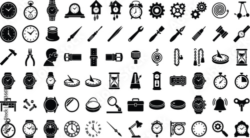 Принти на полотні Clockmaker and Horology Solid Icon Set Featuring Luxury Wristwatches, Cuckoo Clo