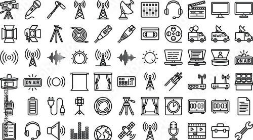 Media Transmission and Live Broadcast Line Icon Set for Television Engineering Apps, Radio Station Interfaces, Audio Production Projects, and Graphic Design