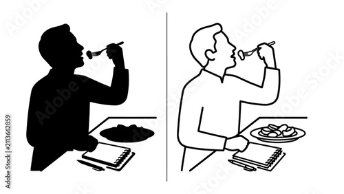 Diner's Delight: A person enjoys a meal, depicted in both a stark silhouette and a simple outline, highlighting the universal act of dining and contemplation at a table.