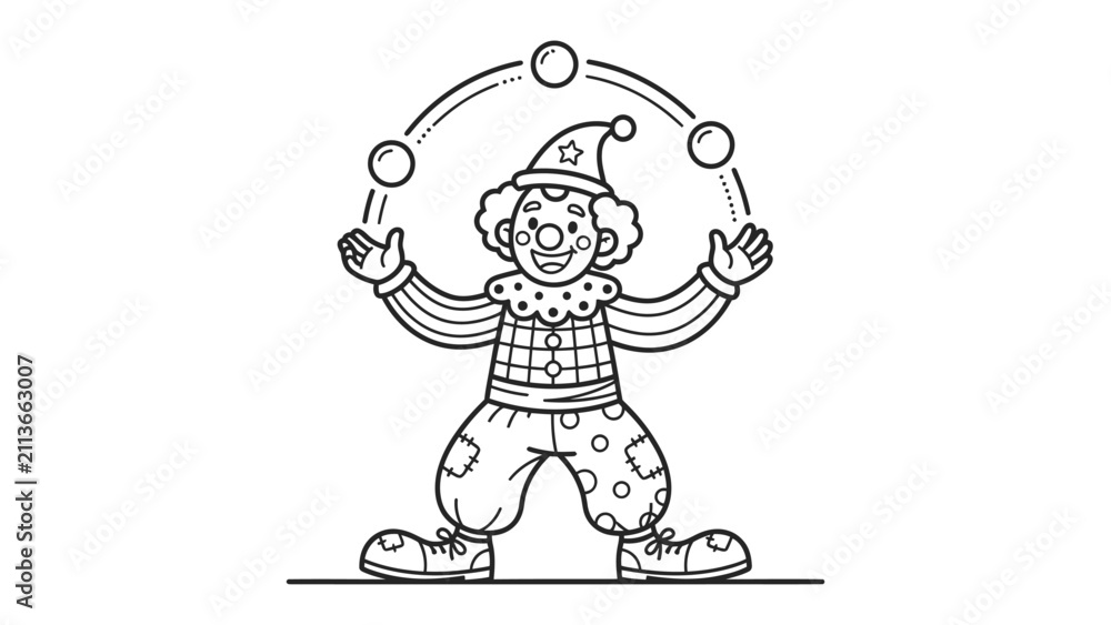 Obraz premium Clown Juggling Balls: A happy clown in a patterned costume and pointed hat juggles several spheres in a circular motion, showcasing a fun and whimsical circus act.
