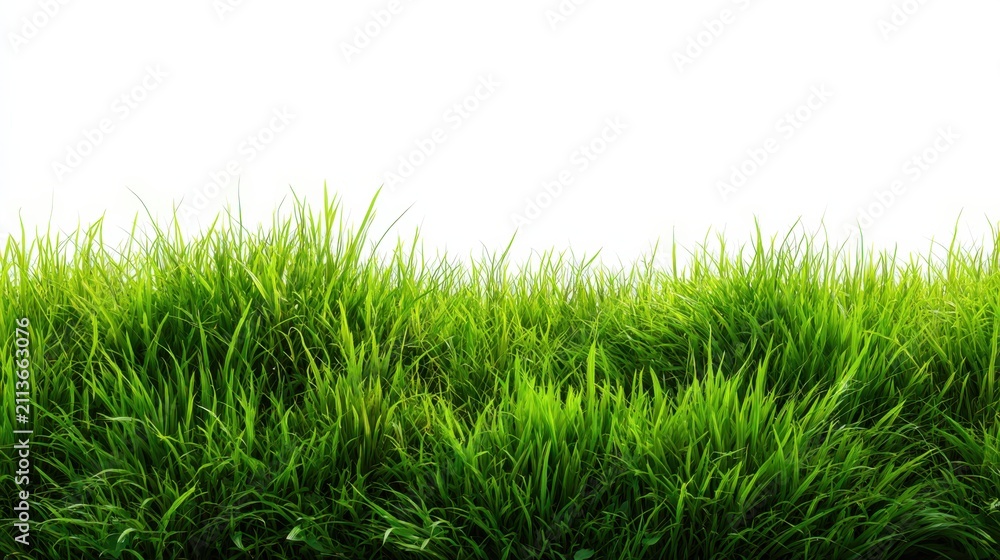 Obraz premium Vibrant green grass blades growing lush and full against a bright white background representing nature growth.