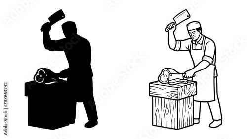 фотографія Butcher at Work: A butcher is depicted in both silhouette and line art, preparing meat on a chopping block with a cleaver