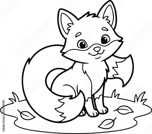Cute Baby Fox Sitting with Autumn Leaves - Black and White Coloring Page Vector Illustration