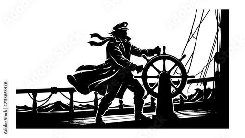 Принти на полотні Captain at Helm: A resolute captain, silhouetted against a bright sky, stands firm at the ship's wheel, navigating through choppy seas with a scarf streaming in the wind