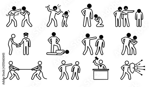 Quadro su tela A set of stick figure icons representing various forms of social conflict bullyi
