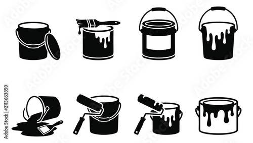 Silhouette icon set of 8 paint buckets featuring brushes, rollers, spilled paint and open cans for home renovation design