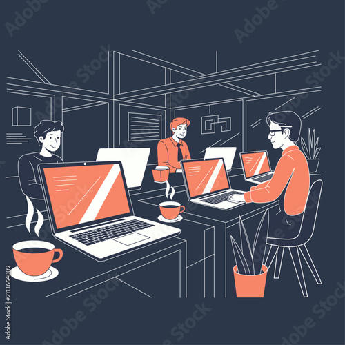 Creative Startup Office with Laptops and Coffee Cups