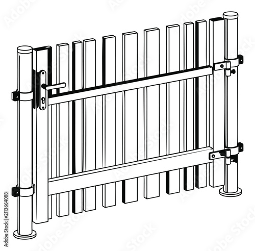 Line art illustration of a wooden garden gate depicting vertical picket fence panels with latch and post hardware for landscaping design