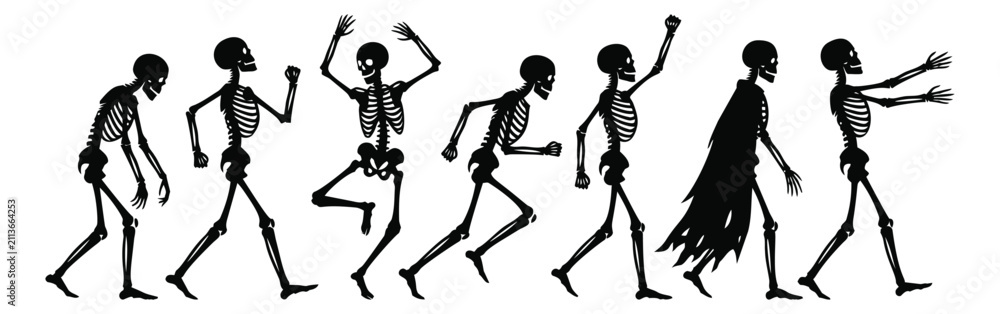 Fototapeta premium Silhouette set of 7 dancing skeletons depicting playful spooky poses for Halloween design