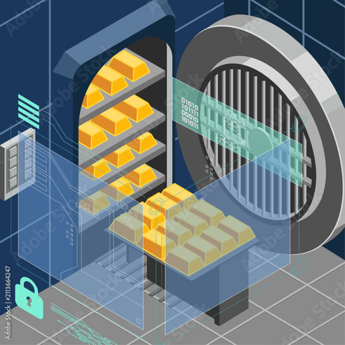 Secure Gold Reserves in Digital Banking Vault Isometric Illustration