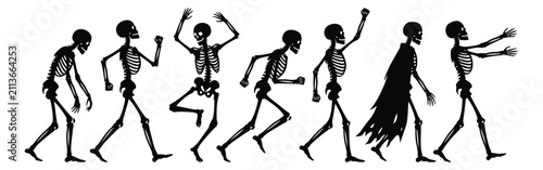 Silhouette set of 7 dancing skeletons depicting playful spooky poses for Halloween design