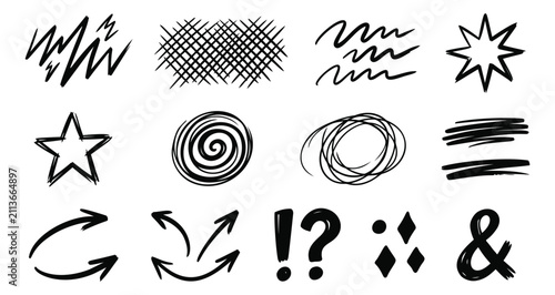 Sketch icon set of 12 hand drawn design elements featuring arrows, symbols, scribbles and emphasis marks for grunge and doodle layouts
