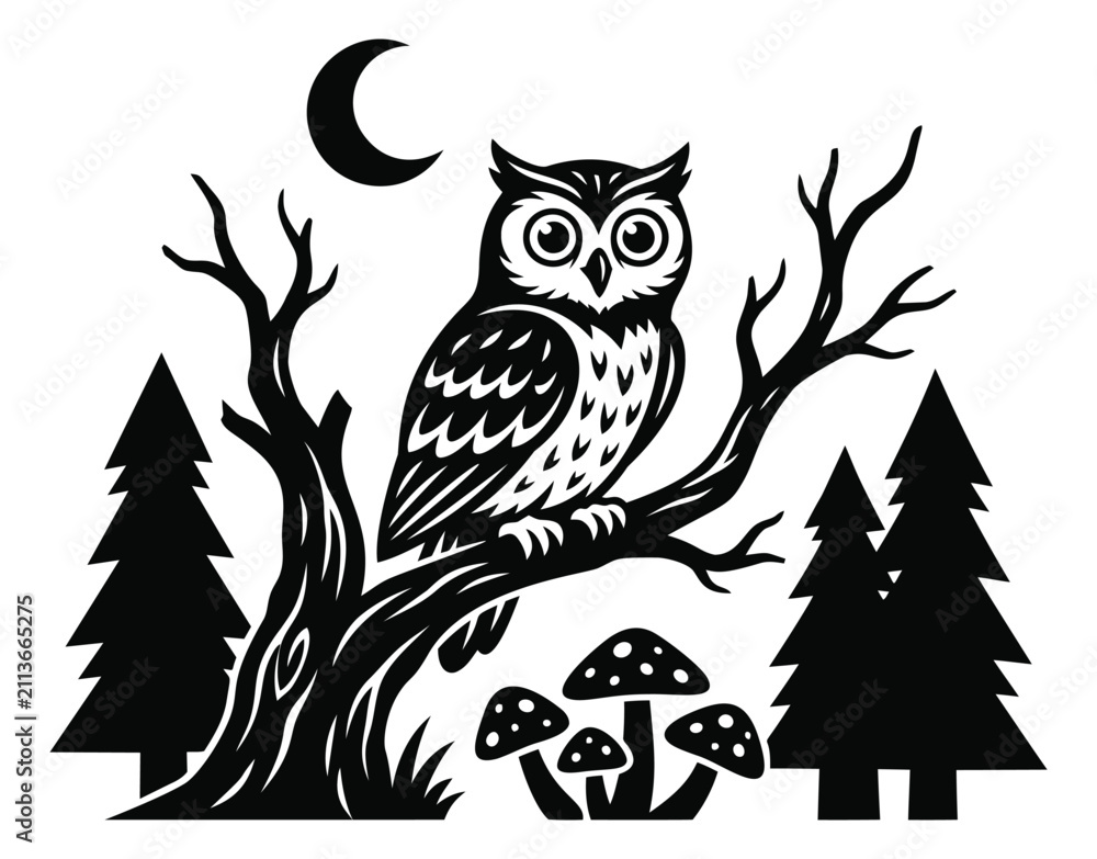 Naklejka premium Woodcut illustration of a wise owl perched on a tree branch depicting a nocturnal forest scene for nature and Halloween design