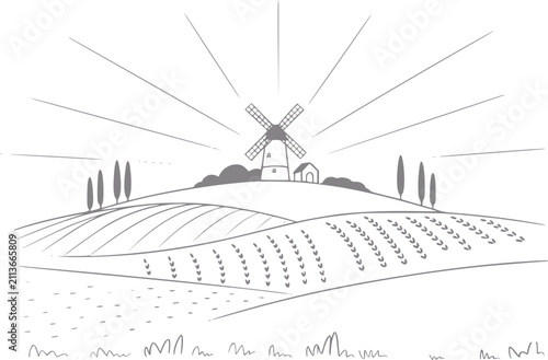 Tableau sur toile Un dibujo lineal minimalista de un molino de viento rústico en una colina ondula
