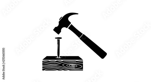 Vector illustration of hammer hitting a nail into a wooden board icon on a transparent background