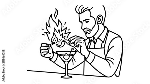Bild auf Leinwand Flair in a Glass: A skilled bartender, with a neatly trimmed beard and wearing an apron, expertly ignites a garnish for a cocktail, adding a dramatic flair to the drink preparation