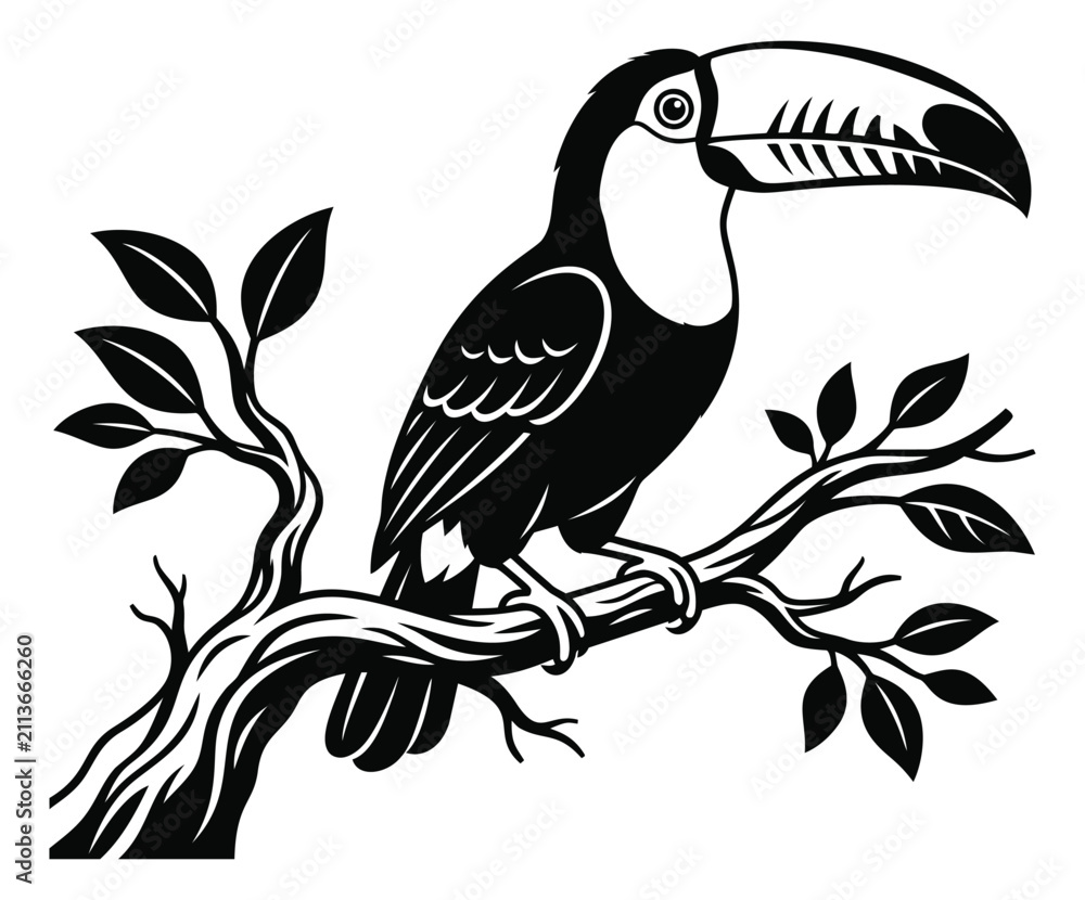 Obraz premium Bold silhouette illustration of a toucan perched on a branch depicting tropical wildlife for nature and exotic design