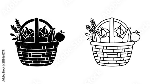 Bild auf Leinwand Harvest Basket Icon: A delightful icon set featuring a wicker basket overflowing with autumnal produce, including pumpkins, apples, and wheat stalks, symbolizing abundance and the spirit of harvest