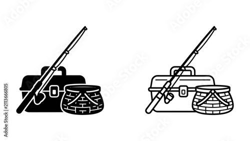 Konstfotografi Fishing Gear Icons: A set of two graphic icons depicting essential fishing equipment: a tackle box, a fishing rod, and a creel, presented in both solid black and outline styles