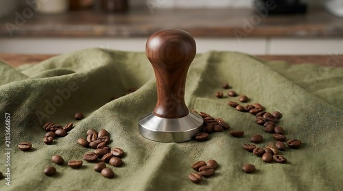 Wooden espresso tamper on green cloth with beans.