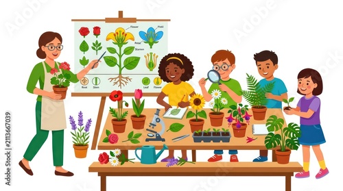 Diverse elementary students painting plants in a botany class. Group of multicultural kids creating colorful flower art on paper with watercolors.