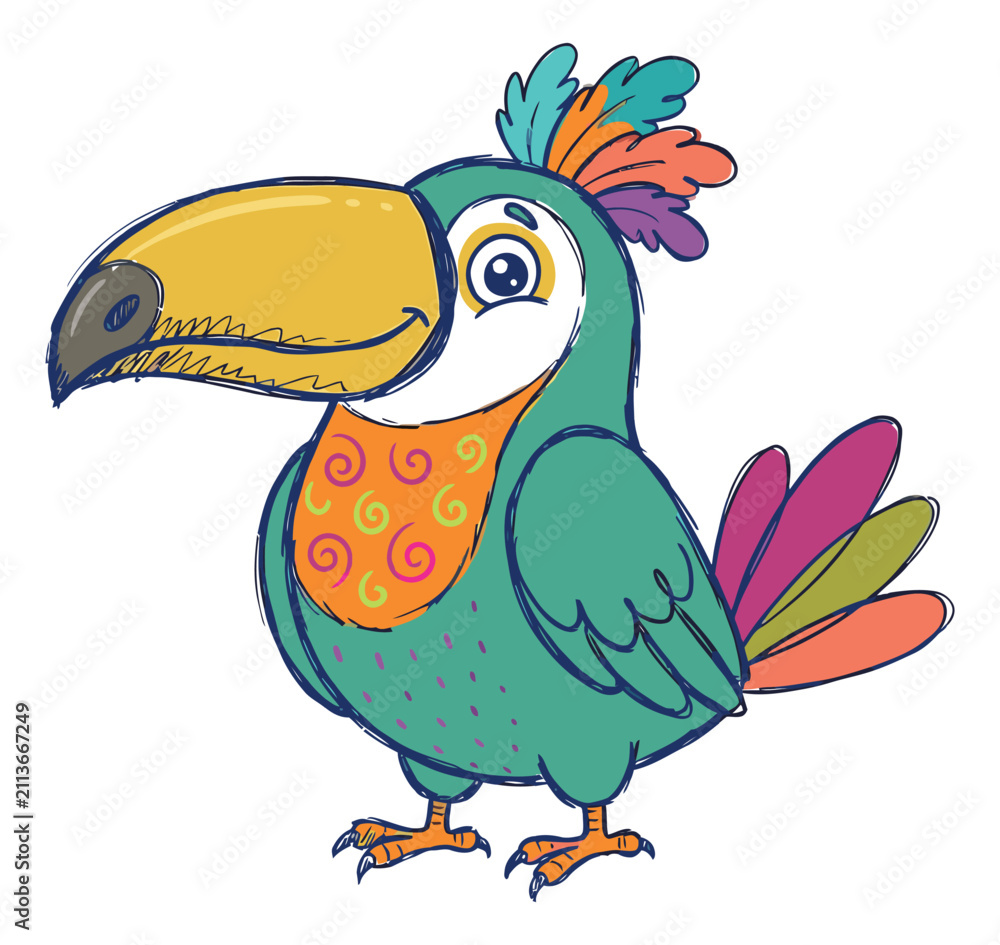 Obraz premium Cartoon illustration of a colorful toucan depicting a cheerful tropical bird character for children and nature design