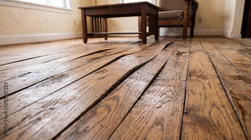 Buckled hardwood floor boards lifting and cupping after water damage in a living room