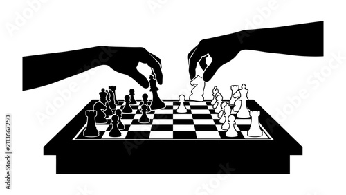 Obraz na plátne Strategic Duel: Silhouetted hands move chess pieces on a checkered board, representing a cerebral battle of wits and strategy, a classic game of minds