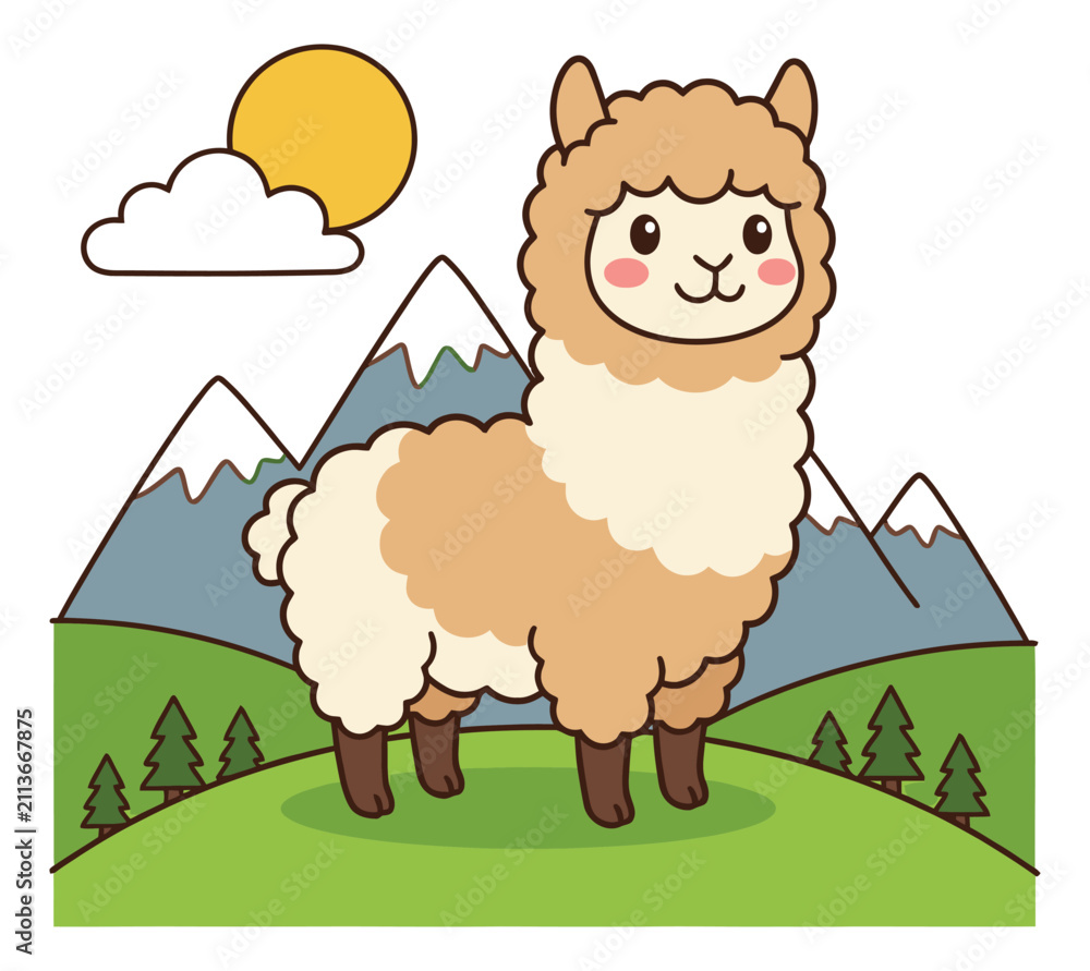 Fototapeta premium Cartoon illustration of a cute alpaca depicting a fluffy animal standing in a mountain meadow for children and nature design