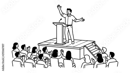 Konstfotografi Public Speaking Engagement: A dynamic speaker commands attention from a podium on a raised stage, addressing an engaged audience seated in rows
