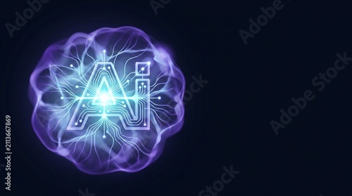 Futuristic technology Text Logo with Electric Circuit Lines and Glowing Plasma Energy Cloud

