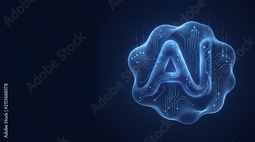 3D Blue Technology Text Icon with Circuit Traces and Soft Fluid Wave Background

