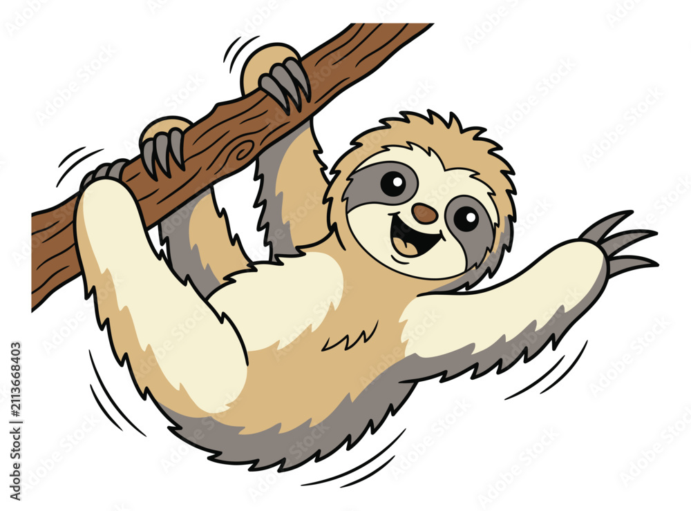 Fototapeta premium Cartoon illustration of a happy sloth depicting a smiling character hanging from a tree branch for children and wildlife design