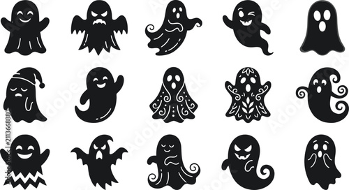 Фотография A collection of fifteen hand drawn black ghost silhouettes isolated on a white b