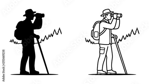 Fotografie Explorer with Binoculars: A hiker with a backpack and walking stick looks through binoculars, symbolizing exploration and adventure, with stylized mountain peaks in the background