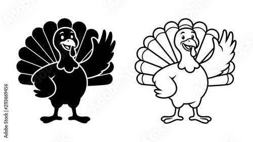 Foto Thanksgiving Turkey Icons: A playful, cartoonish turkey shown in both silhouette and outline, ready for festive celebrations